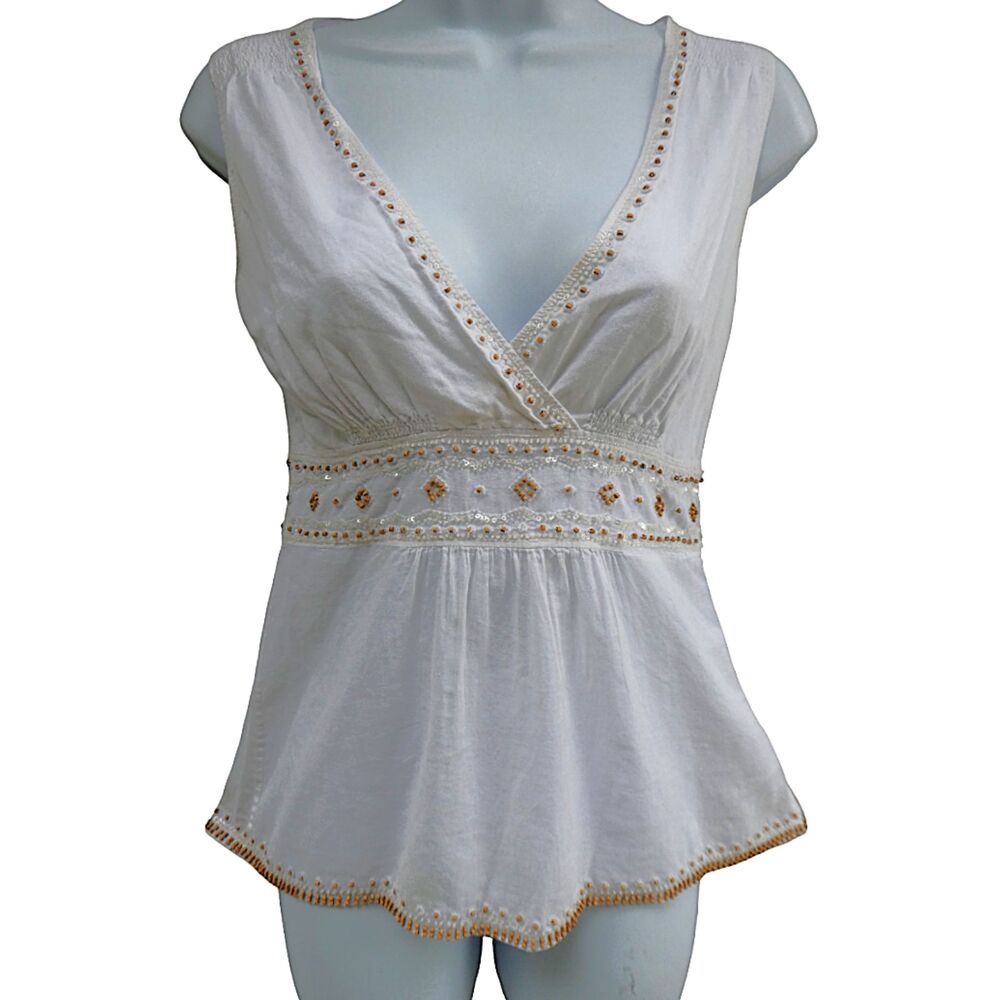 Vintage 90s DKNY White Cotton Babydoll Surplice Top Floral Beaded Sequin Zip 2